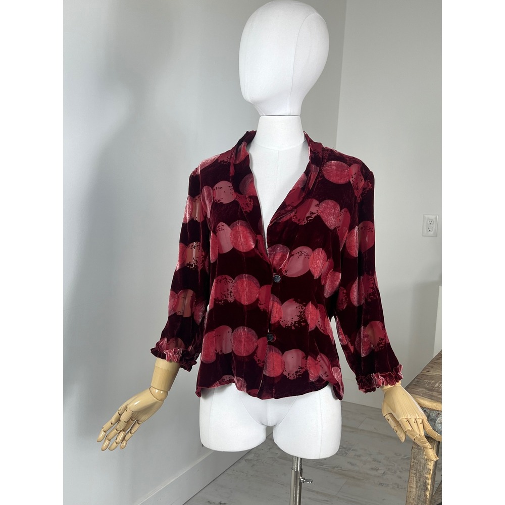 Marla Duran Polka Dot  Velvet Sheer Button Up Blouse Size L‎